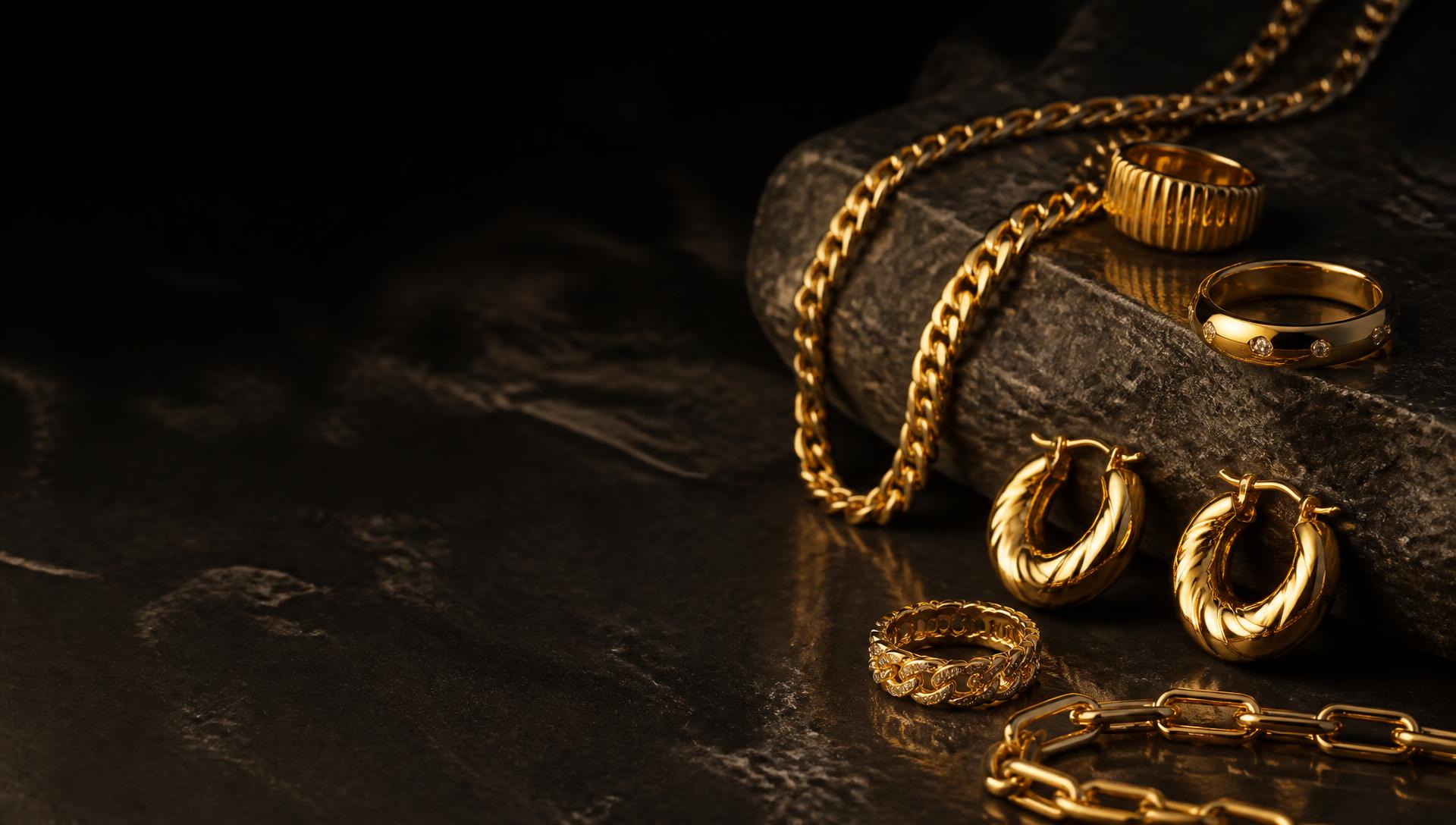 Cadenas, anillos y aritos con baño de oro 18k sobre piedra negra